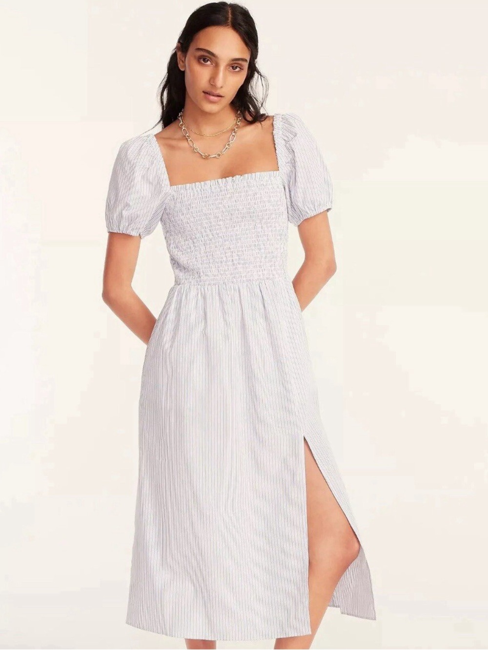 J. Crew Light Blue & White Striped Smocked Midi Dress